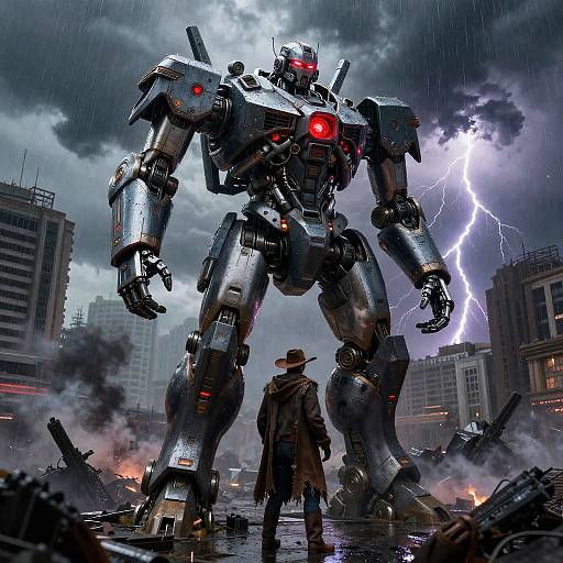 Giant Mecha Robot in Rainy War-Torn City
