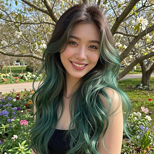 Smiling young woman with long, wavy teal and black hair, wearing black top, standing in vibrant spring garden with blooming flowers and trees.