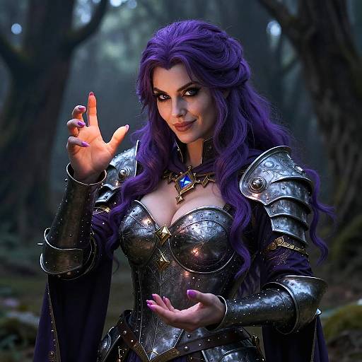 Digital art of a purple-haired woman in shiny, ornate armor with a gem necklace, casting a spell in a dark forest.