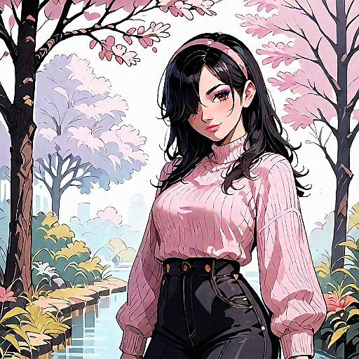 Anime Girl in Pink Sweater Outdoors