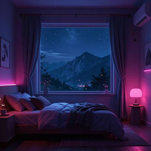 Photograph of a cozy, dimly-lit bedroom at night, featuring a bed with rumpled sheets, two pink-lit lamps, and a