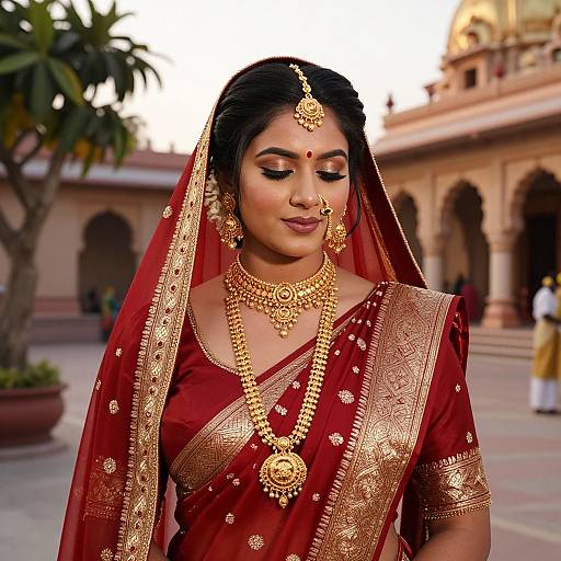 Photograph of an Indian bride in a red and gold saree, adorned with elaborate gold jewelry, standing in a traditional courtyard.