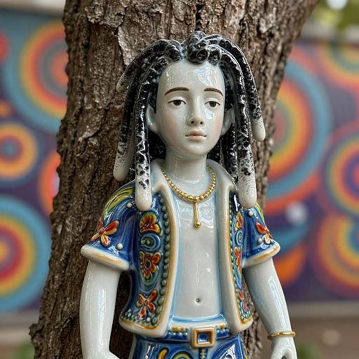 Photograph of a white, ceramic doll with black dreadlocks, wearing a colorful, embroidered blue jacket and gold necklace, standing in front of a tree