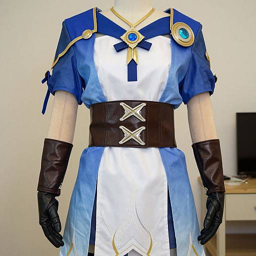 Photograph of a mannequin wearing a blue and white medieval-style dress with gold accents, black gloves, and brown belt with silver crosses.