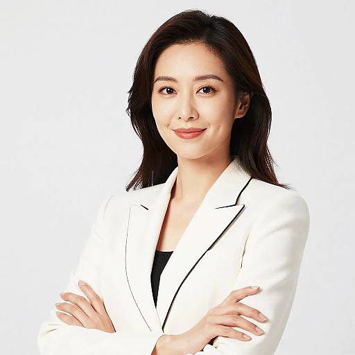 Photograph of an Asian woman with long black hair, wearing a white blazer, black top, and red lipstick, smiling slightly, arms crossed,