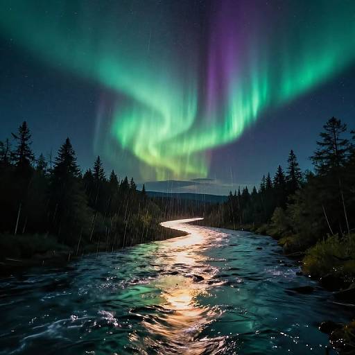 Photograph of a nighttime riverscape with vibrant green and purple Northern Lights reflecting on the water, surrounded by silhouetted pine trees.