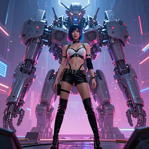 Digital art of a blue-haired woman in black leather harness, shorts, and boots, standing confidently before a glowing, robotic mecha in a neon-l