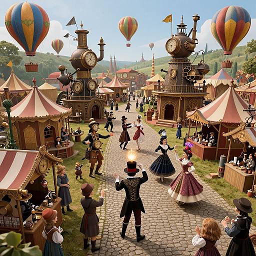 Whimsical steampunk carnival with clock towers, hot air balloons, Victorian-style people, striped tents, cobblestone path, and vibrant costumes