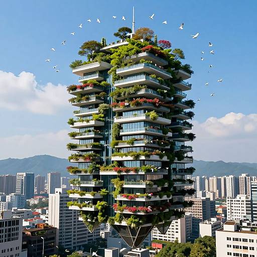Photograph of a towering, modern, green-roofed skyscraper with multiple balconies, surrounded by urban buildings and mountains, under a bright blue