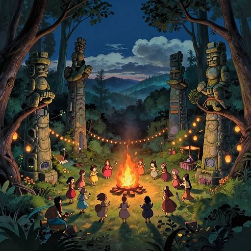 Whimsical nighttime forest gathering: children in colorful dresses gather around a bonfire between ancient stone pillars, string lights, and trees. Digital art.