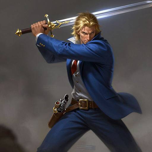 Blond Warrior in Blue Suit Battling