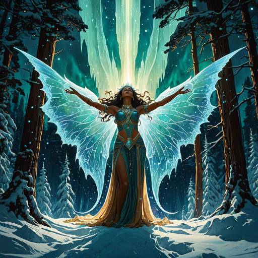 Ethereal Djinn with Glowing Wings in Winter Forest