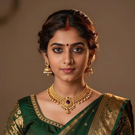 Traditional Indian Woman in Gold Jewelry and Green Saree