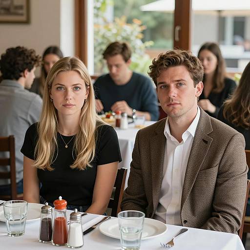 Intimate Restaurant Scene with Serious Expressions