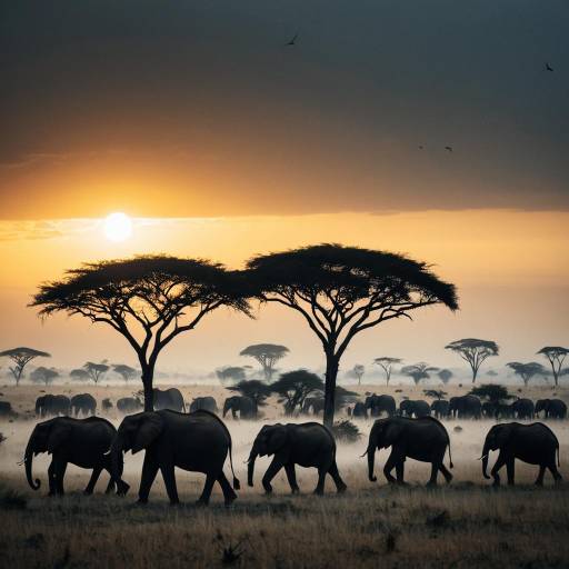 Elephants migrating at sunset on foggy savannah Elephants migrating at sunset on foggy savannah