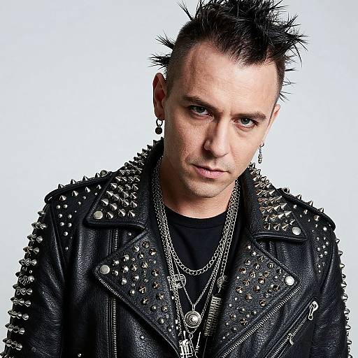 Photograph of a white man with spiky black hair, wearing a studded black leather jacket, multiple silver chains, and earrings, against a white