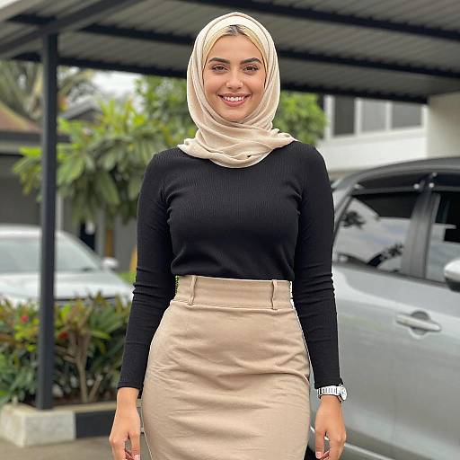 Smiling Woman in Beige Hijab and Skirt