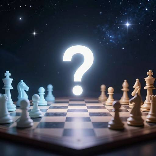 Photograph of a glowing question mark over a chessboard with white and black chess pieces, set against a starry night sky.