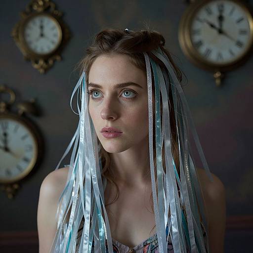 Photograph of a fair-skinned, blue-eyed woman with long brown hair adorned with silver ribbons, wearing a sleeveless top, against a dark