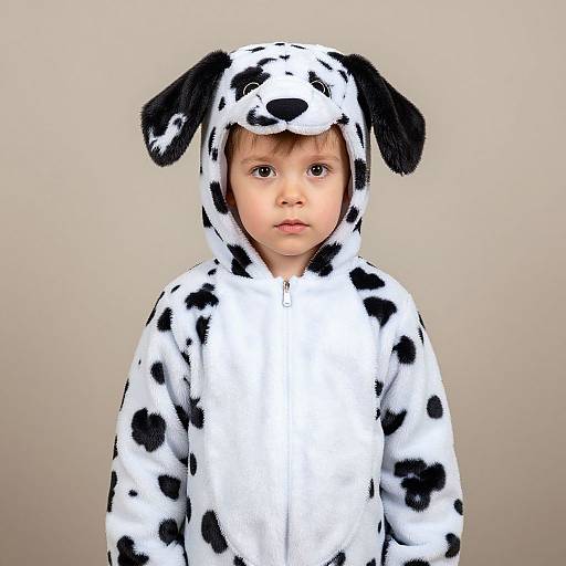 Photograph of a young child with light skin, wearing a white and black spotted Dalmatian hooded onesie, with black dog ears on