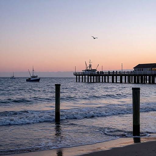 Photograph of a serene sunset at a pier, with small boats on the calm ocean, silhouetted against a gradient sky from pink to blue