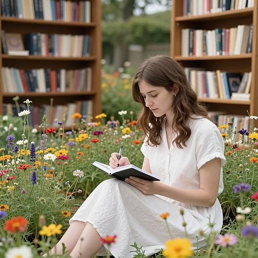 Photograph of a young woman with wavy brown hair, wearing a white dress, sitting in a vibrant flower garden, writing in a notebook, with
