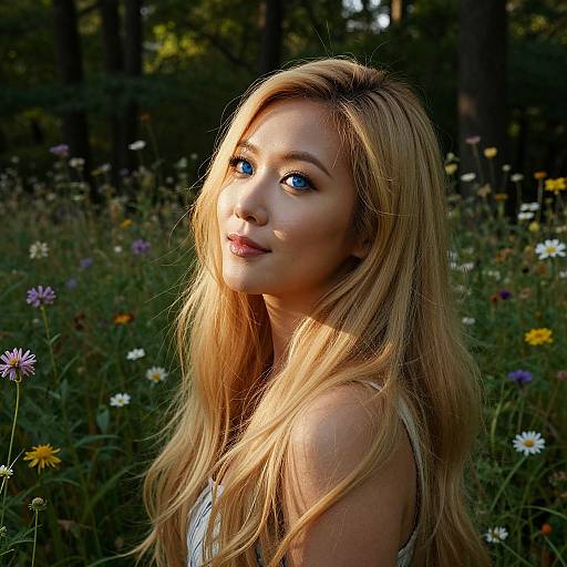 Photograph of a beautiful blonde woman with long, wavy hair and striking blue eyes, standing in a sunlit meadow of wildflowers, looking