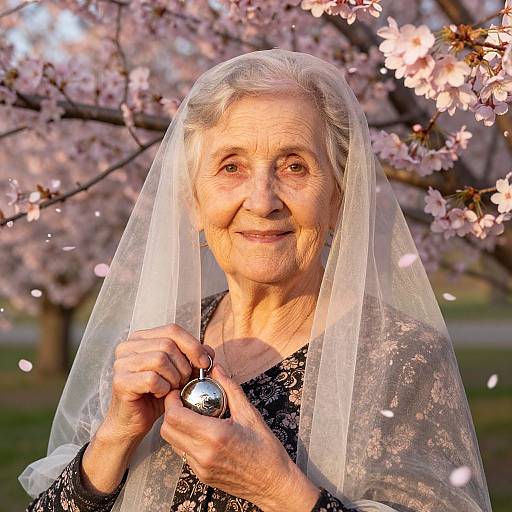 Photograph of elderly woman with gray hair, wearing black lace top and sheer veil, holding silver ornament, standing in front of blooming cherry blossom tree