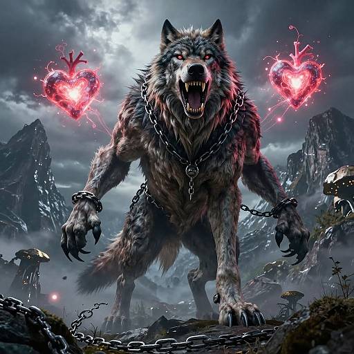 Digital illustration of a fierce, chained werewolf with glowing red eyes and sharp teeth, standing in a stormy mountain landscape with floating red heart-shaped energy