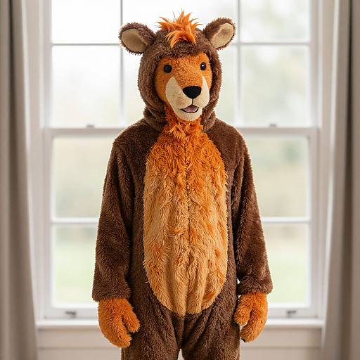 Photograph of a person wearing a brown and orange fuzzy bear costume with black nose and ears, standing in front of a bright window with white frame.