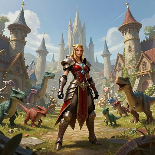Digital fantasy artwork of a blonde, armored woman standing confidently in a lush, dinosaur-filled medieval castle courtyard with tall towers.