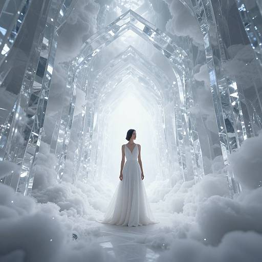 Photograph of a woman in a white, sleeveless wedding dress standing in a glowing, arch-shaped, metallic and cloud-filled pathway.