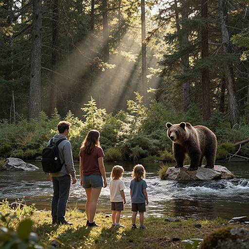 Photograph of a family watching a brown bear standing on a rock in a sunlit forest stream, with sunlight beams filtering through trees.