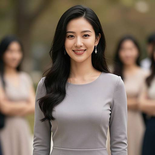 Photograph of an Asian woman with long black hair, wearing a light gray long-sleeve dress, smiling, standing outdoors with blurred background and two
