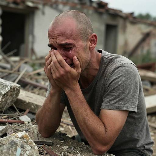 Photograph of a bald, middle-aged man with a gray t-shirt, covering his nose and mouth in a ruined, rubble-filled building.