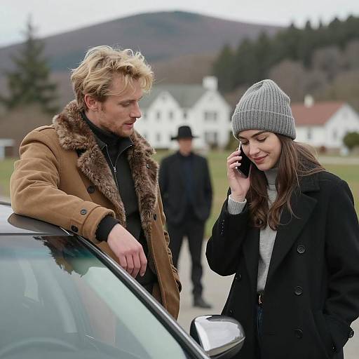 Conversation Between Two People by a Car