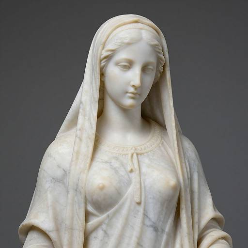 Photograph of a marble statue of a serene, young woman with a gentle expression, wearing a draped veil and modest dress, against a dark gray background