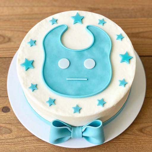 Photograph of a round, white and blue fondant cake with a smiling moon face, star decorations, and a blue bow, on a wooden table
