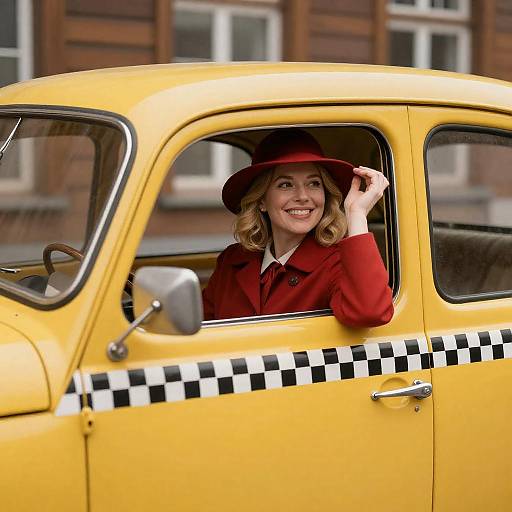 Cheerful Woman in Vintage Taxi Cab