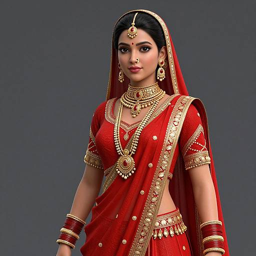 CGI image of a beautiful South Asian bride in a vibrant red saree with gold embroidery, wearing elaborate gold jewelry, against a dark gray background.