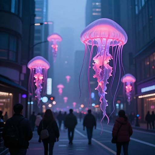 Bioluminescent Jellyfish in Futuristic City