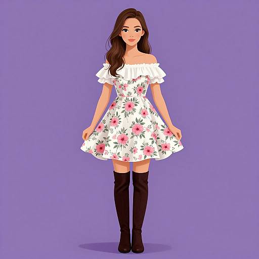 Digital illustration of a young woman with long brown hair, wearing a white off-shoulder floral dress and black thigh-high boots, against a purple background