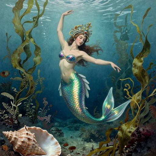 Photorealistic digital artwork of a shimmering mermaid with a sequined top and iridescent tail, adorned with a seashell crown,