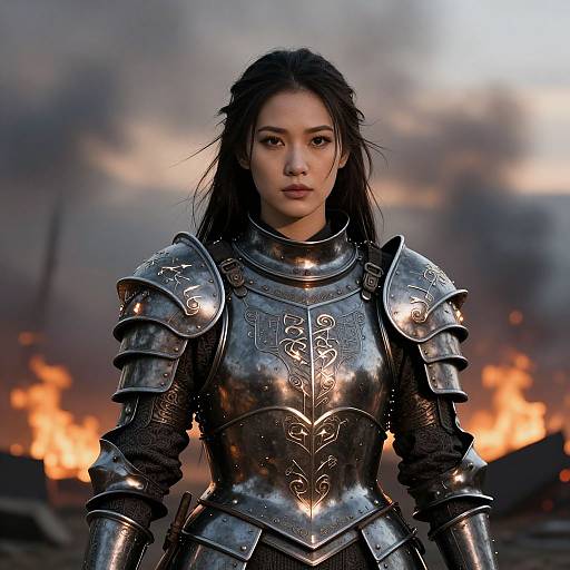 Photorealistic digital artwork of an Asian woman in ornate, silver medieval armor, standing confidently in front of a fiery, smoky battlefield.