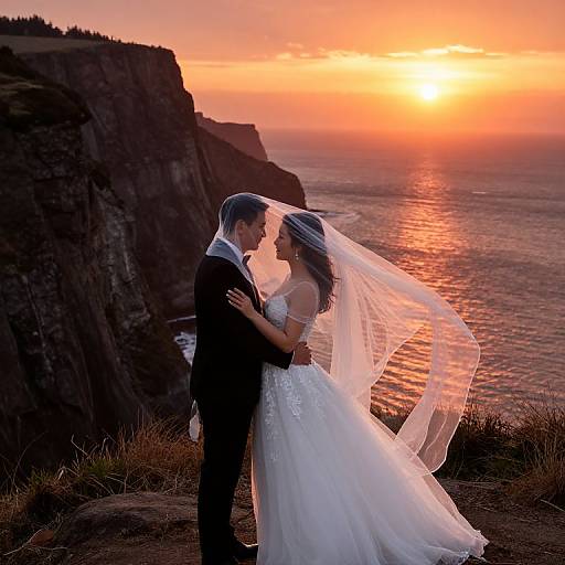 Photograph of a silhouetted couple kissing at sunset on a cliff overlooking the ocean, with the bride in a white lace dress and veil,
