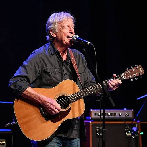 Middle-aged man with gray hair, black shirt, playing acoustic guitar, singing into microphone on stage, dark background, amplifier behind. Photographic image.