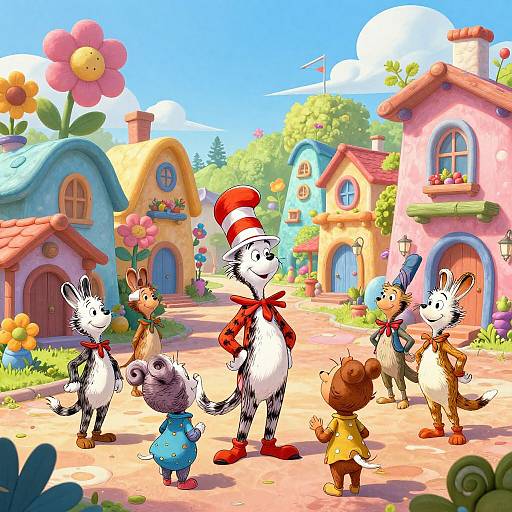 Colorful cartoon scene of six anthropomorphic animals in a whimsical village with pastel houses, large flower, and sunny sky. Characters include a striped