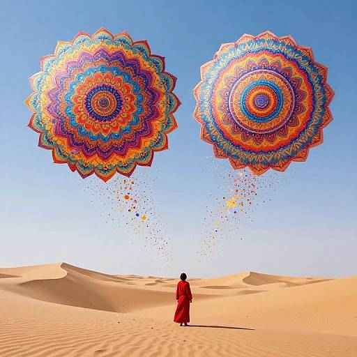 Photograph of a person in a red robe standing in a desert, flying two colorful, mandala-patterned kites against a clear blue sky.