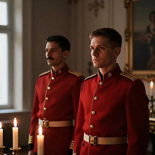Serious Military Men in Dimly Lit Room
