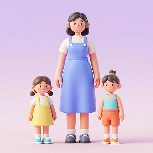 Retro 3D Mother and Kids Scene